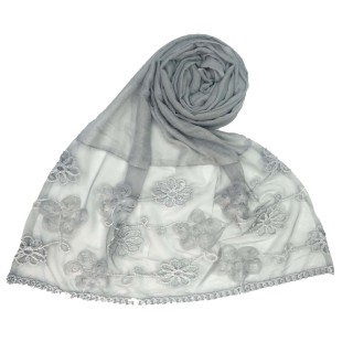 Embroidered floral cotton Hijab- Grey